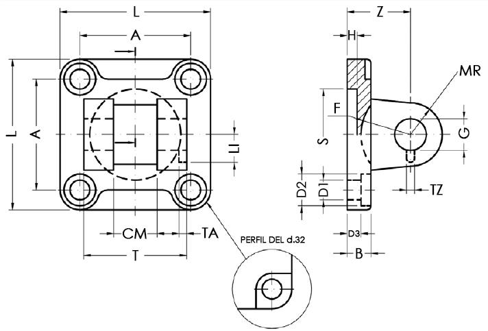 NARROW FEMALE HINGE FOR SQUARE JOINT WITH ARTICULATED HEAD DIN648K - ALUMINIUM