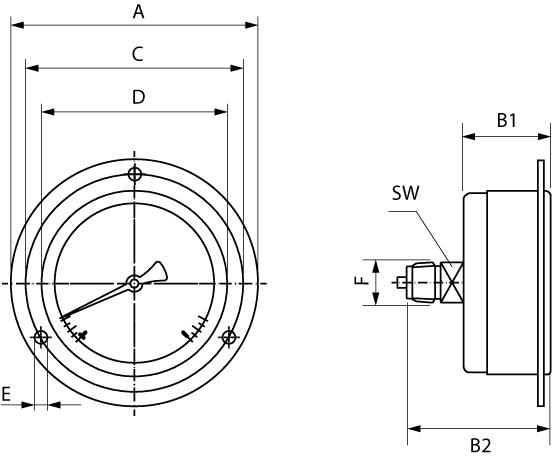 MANÔMETRO COM CONEXÃO TRASEIRA , FLANGE FRONTAL CROMADA COM TRÊS FUROS
