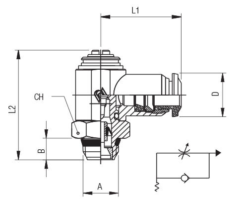 RÉGULATEUR DE DÉBIT À L’ÉCHAPPEMENT FILETAGE (ORIENTABLE) “UNIVERSAL SHORT”, A VIS NOYÉE